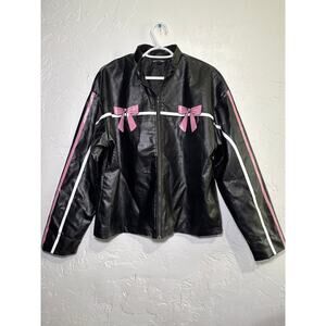 Pretty little thing black faux leather pink bow jacket womens 8 moto y2k grunge